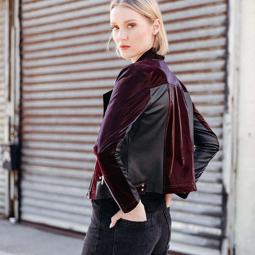 Vinyl/Liquid Leather Mixed Media Zip Jacket in Mulberry